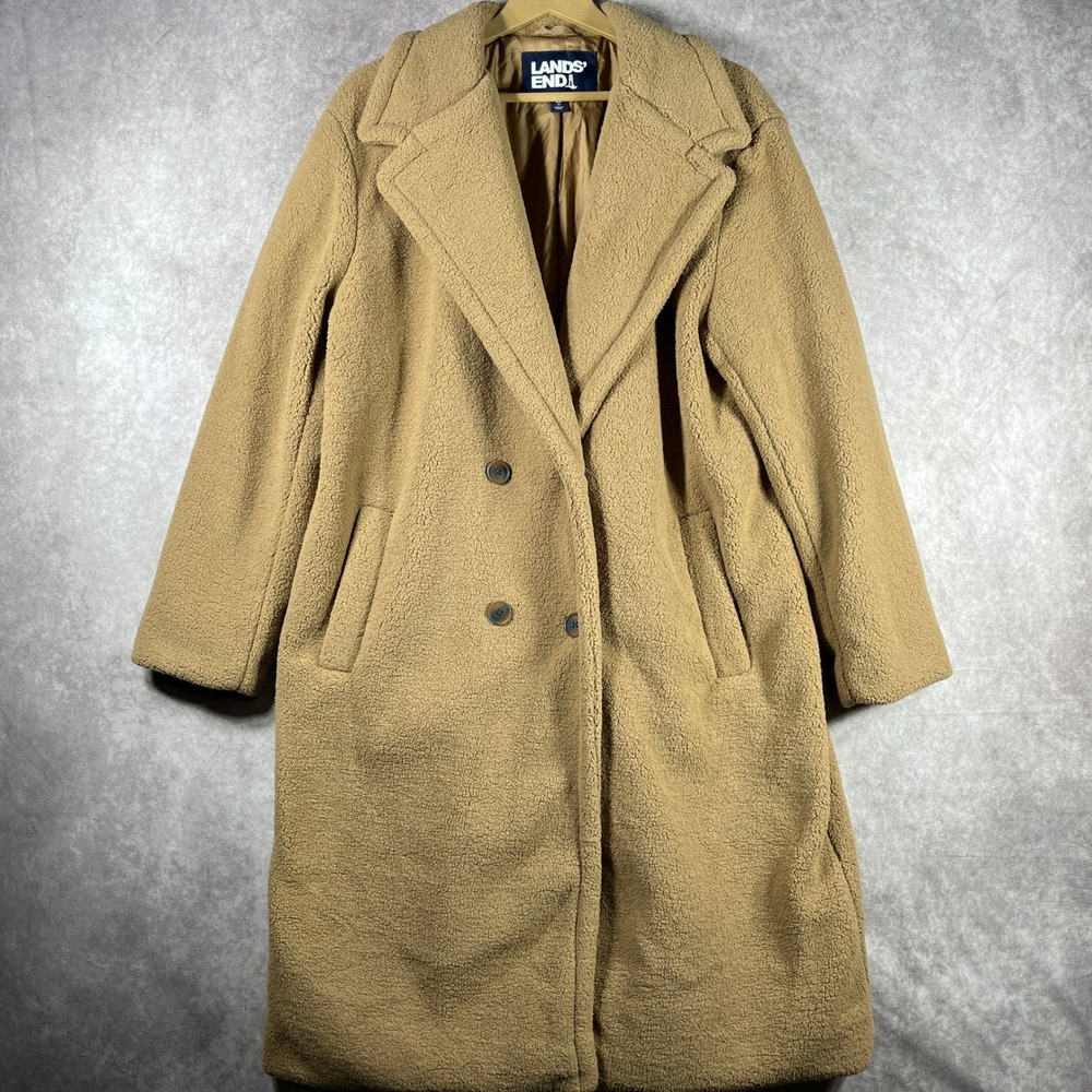 Lands' End Coat Womens‎ XL Teddy Bear Penny Lane Faux Fur Long Double Breasted